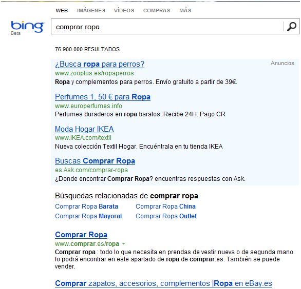 Anuncios patrocinados y resultados naturales en Bing